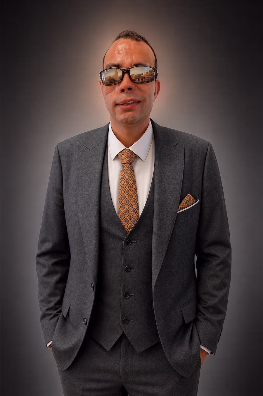 Dr. Qusay Salih Hussein Al-Mamari standing confidently in a charcoal three-piece suit with a gold-patterned tie and sunglasses